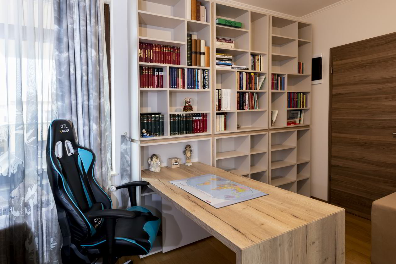 Proiect mobila Birou acasa, cu mini-biblioteca, birou integrat, placare perete, comoda cu sertare, biblioteca, 14m², Realizat, 09 Octombrie 2018 COD.5780