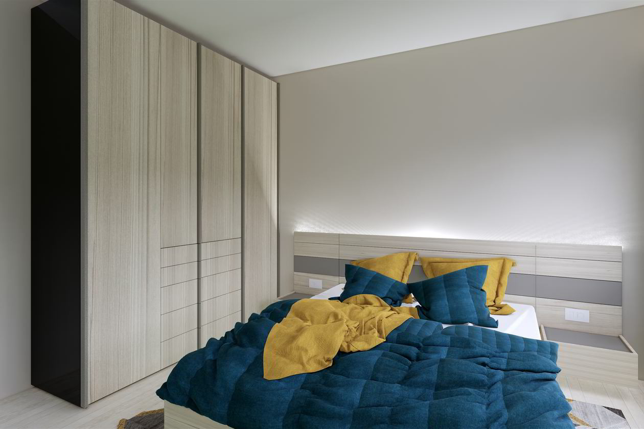 Proiect mobila Dormitor matrimonial, cu dulap pana in tavan, pat central, compozitie mica pentru TV, 20m², realizat 19 Aprilie 2019 COD.6037