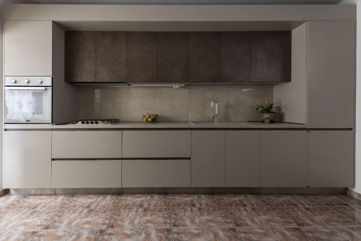 Proiect mobila Bucatarie pe un perete, pana in tavan, fara manere, 14m², L 454 x H 243cm, realizat 25 Iulie 2019 COD.6079