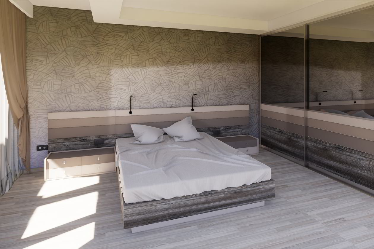 Proiect mobila Dormitor matrimonial, cu dulap pana in tavan, pat central, compozitie mica pentru TV, birou integrat, 17.4m², realizat 12 August 2019 COD.6269