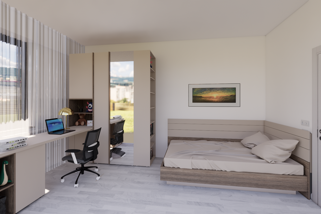 Proiect mobila Camera junior Adolescent, cu pat pe colt, birou integrat, 17m², realizat 06 Martie 2019 COD.6935