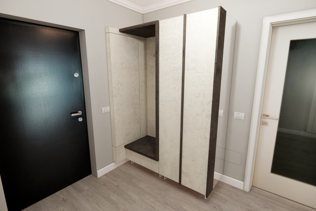 Proiect mobila Hol unit cu Living-Room, cu dulap pe colt, dulap suspendat, 10m², elaborat 04 Iunie 2019 COD.7247