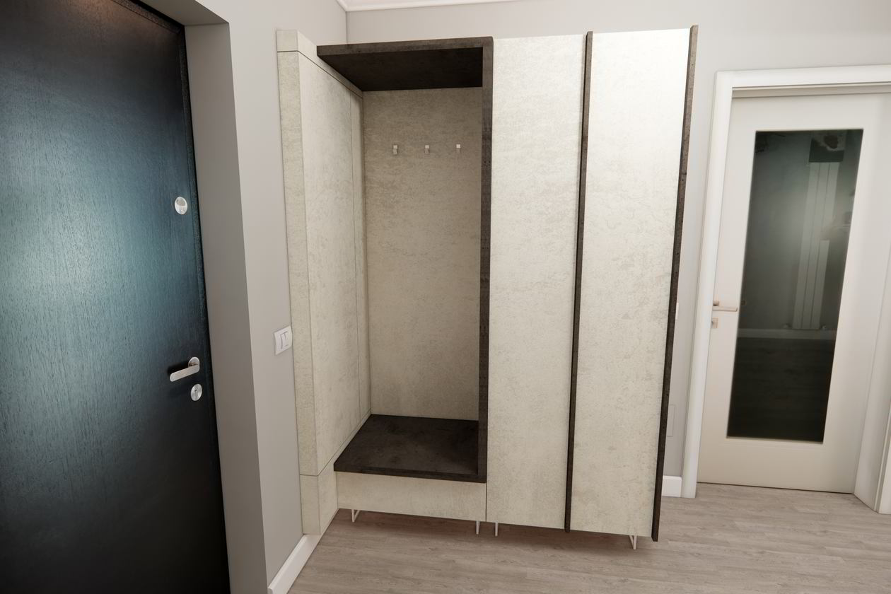 Proiect mobila Hol unit cu Living-Room, cu dulap pe colt, dulap suspendat, 10m², elaborat 04 Iunie 2019 COD.7247