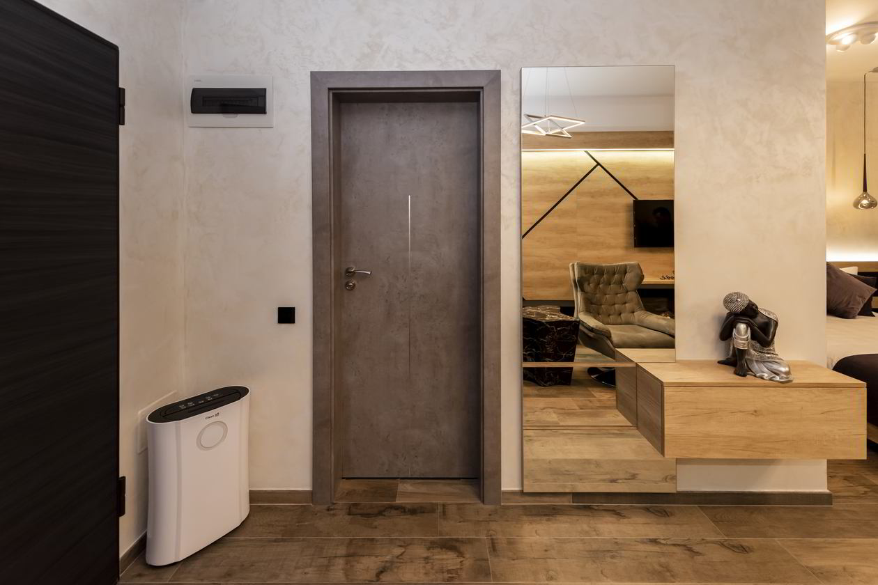 Proiect mobila Hol in Open Space, unit cu Living-Room si Bucataria, cu comoda integrata, sistem inchidere cu usi batante, 5m², realizat 23 Noiembrie 2019 COD.7325