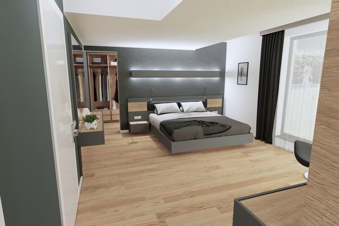 Proiect mobila Dormitor matrimonial, cu pat central suspendat, compozitie mica pentru TV, placare perete, 21m², realizat 30 Ianuarie 2020 COD.7959