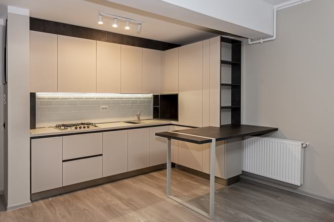 Mobila Bucatarie pana in tavan, fara manere, pe colt, cu masa integrata fixa, unita cu Living-Room si Hol, 10m², L 712 x H 251cm — foto 2 din 7
