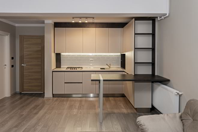 Mobila Bucatarie pana in tavan, fara manere, pe colt, cu masa integrata fixa, unita cu Living-Room si Hol, 10m², L 712 x H 251cm — foto 3 din 7