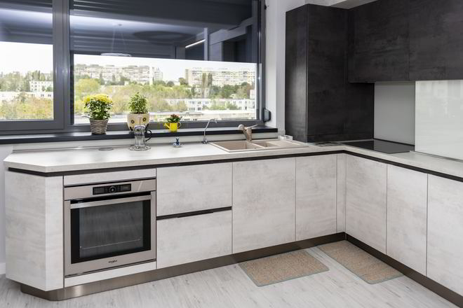 Mobila Bucatarie fara manere, pe doi pereti, pe colt, unita cu Living-Room si Hol, 10m², L 572 x H 241cm — foto 5 din 7