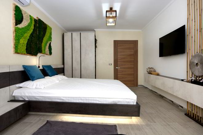 Proiect mobila Dormitor matrimonial, cu dulap, pat central, compozitie mica pentru TV, riflaje, 15m², realizat 21 Octombrie 2020 COD.11862