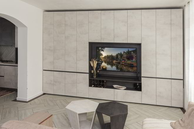 Proiect mobila Living pe un perete, pana in tavan, unit cu Bucatarie si Hol, 20m², L 435 x H 263cm, realizat 29 Octombrie 2020 COD.11878