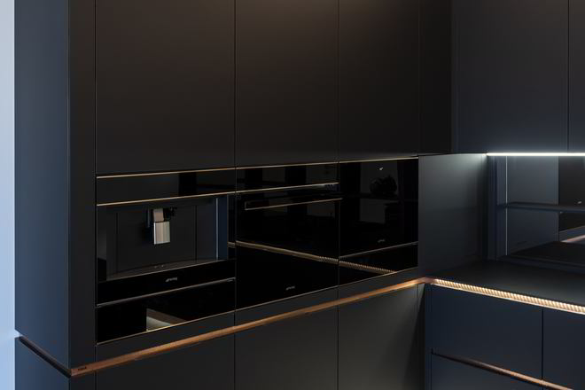 Mobila Bucatarie cu insula, pe trei pereti, pana in tavan, fara manere, cu semi-masa integrata, cu zona Dining, 25m², L 989 x H 258cm — foto 7 din 7