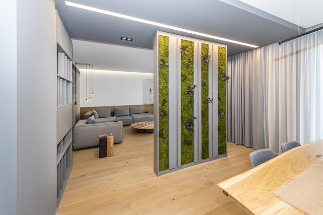 Proiect mobila Living pe trei pereti, unit cu Bucatarie, Hol si Casa scarii, realizat 25 Februarie 2021 COD.12457