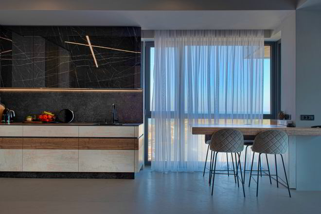 Mobila Bucatarie pana in tavan, fara manere, pe colt, masa integrata fixa, unita cu Living-Room si Hol, amplasata in Studio — foto 6 din 7