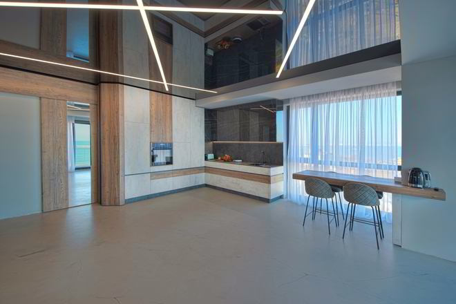 Mobila Bucatarie pana in tavan, fara manere, pe colt, masa integrata fixa, unita cu Living-Room si Hol, amplasata in Studio — foto 2 din 7