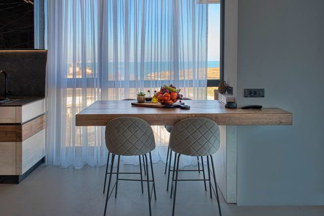 Mobila Bucatarie pana in tavan, fara manere, pe colt, masa integrata fixa, unita cu Living-Room si Hol, amplasata in Studio — foto 7 din 7