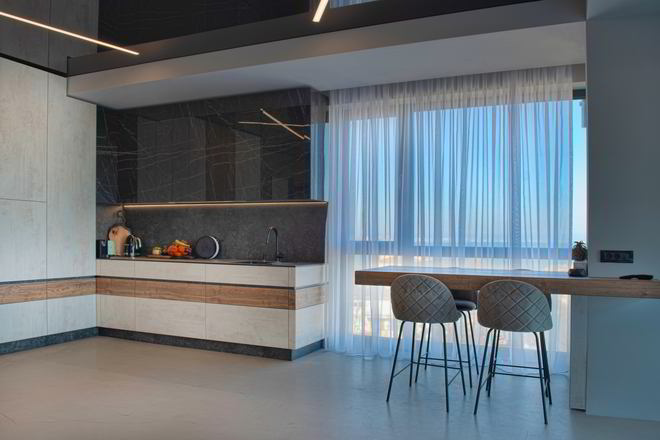 Mobila Bucatarie pana in tavan, fara manere, pe colt, masa integrata fixa, unita cu Living-Room si Hol, amplasata in Studio — foto 5 din 7