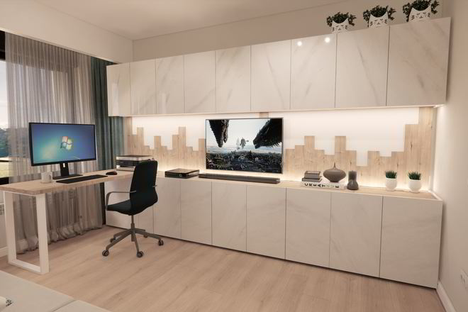 Proiect mobila Birou acasa, cu birou integrat, comoda integrata, placare perete, noptiera(e), comoda cu usi, 15m², Realizat, 05 Octombrie 2021 COD.13487
