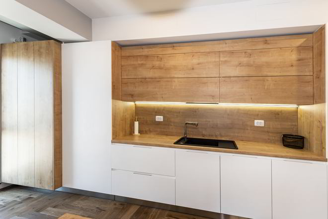 Mobila Bucatarie cu insula, fara manere, pe un perete, unita cu Living-Room, 20m², L 1055 x H 230cm — foto 6 din 7