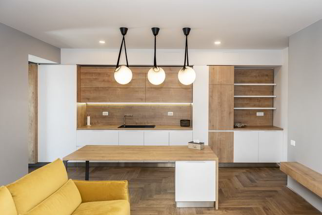 Mobila Bucatarie cu insula, fara manere, pe un perete, unita cu Living-Room, 20m², L 1055 x H 230cm — foto 3 din 7