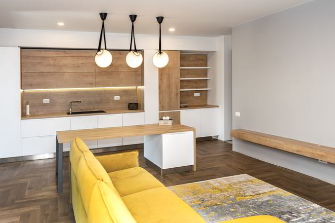 Mobila Bucatarie cu insula, fara manere, pe un perete, unita cu Living-Room, 20m², L 1055 x H 230cm — foto 4 din 7