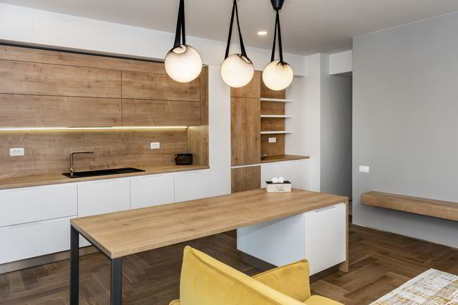 Mobila Bucatarie cu insula, fara manere, pe un perete, unita cu Living-Room, 20m², L 1055 x H 230cm — foto 7 din 7