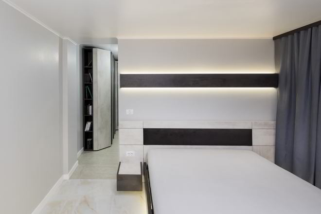 Proiect mobila Dormitor individual, cu pat central, compozitie pentru machiat, placare perete, realizat 14 Februarie 2023 COD.16333