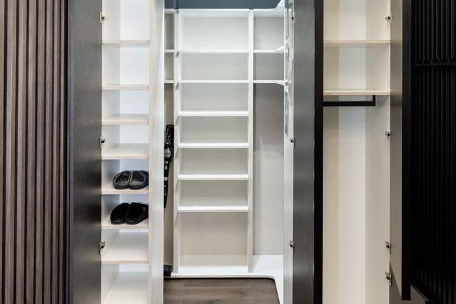 Proiect mobila Dressing unit cu Hol, pe colt, pana in tavan, sistem inchidere cu usi batante, L 245 x H 215cm — foto 6 din 7