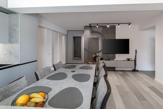Mobila Bucatarie cu peninsula, cu masa integrata fixa, unita cu Living-Room, L 800 x H 250cm — foto 6 din 7