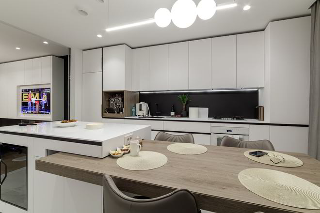 Mobila Bucatarie cu insula, cu masa integrata extensibila, unita cu Living-Room, cu zona Dining, L 970 x H 250cm — foto 4 din 7