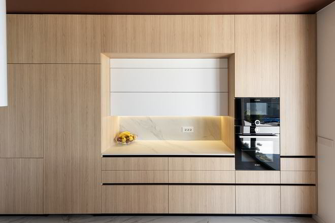 Mobila Bucatarie pe un perete, cu insula, pana in tavan, fara manere, cu usa cu acces in camara, L 455 x H 280cm — foto 7 din 7