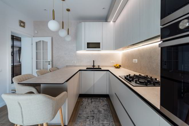 Mobila Bucatarie pe trei pereti, cu peninsula, fara manere, L 635 x H 267cm — foto 2 din 6
