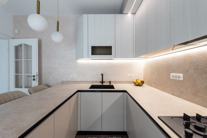 Mobila Bucatarie pe trei pereti, cu peninsula, fara manere, L 635 x H 267cm — foto 4 din 6