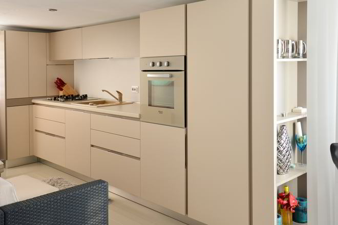Proiect mobila Bucatarie pe colt cu o latura mica, pana in tavan, fara manere, cu masa integrata extractabila, unita cu Living-Room, 8m², L 512 x H 186cm, realizat 14 Martie 2015 COD.3627