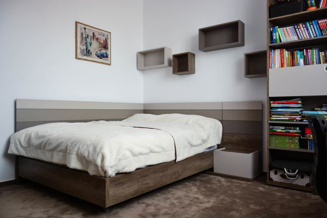 Proiect mobila Camera junior Adolescent, cu pat pe colt, biblioteca, birou, 18m², realizat 02 August 2016 COD.3973