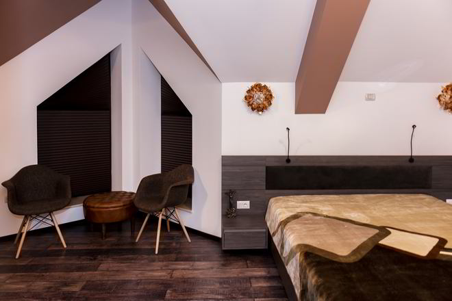 Proiect mobila Dormitor matrimonial, cu pat central suspendat, dulap pana in tavan, dulap pe colt, 25m², realizat 18 Decembrie 2018 COD.5697