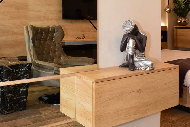 Proiect mobila Hol in Open Space, unit cu Living-Room si Bucataria, cu comoda integrata, sistem inchidere cu usi batante, 5m² — foto 4 din 7