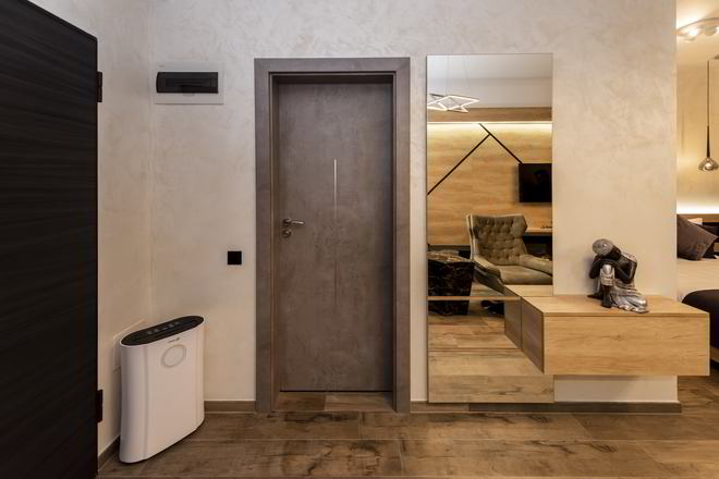 Proiect mobila Hol in Open Space, unit cu Living-Room si Bucataria, cu comoda integrata, sistem inchidere cu usi batante, 5m² — foto 2 din 7