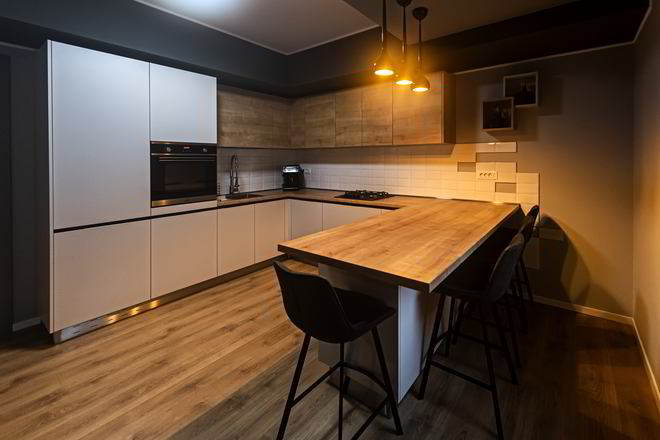 Proiect mobilare Bucatarie pe colt, cu peninsula, fara manere, cu semi-masa integrata, 17m², L 845 x H 224cm — foto 5 din 5